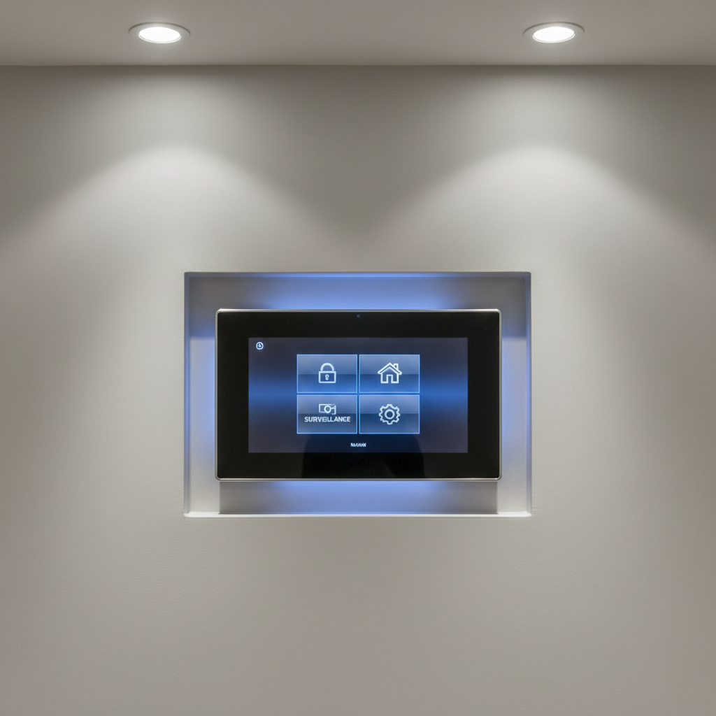 A professionally installed, advanced home security system panel set into a smooth, matte eggshell-finish wall, bordered by trimless, seamless framing. The system features a sleek, capacitive touchscreen with a subtle, bluish backlight, displaying intuitive, well-organized interface icons. Direct overhead LED lighting uniformly illuminates the area, creating crisp, clean highlights on the panel and gentle, diffuse reflections on the wall. The environment around the panel is free from clutter, conveying dependability and order. Shot close-up, straight-on, and sharply focused, this image is minimal, corporate, and exudes trust, making it perfect to represent sophisticated renovation technology offerings.