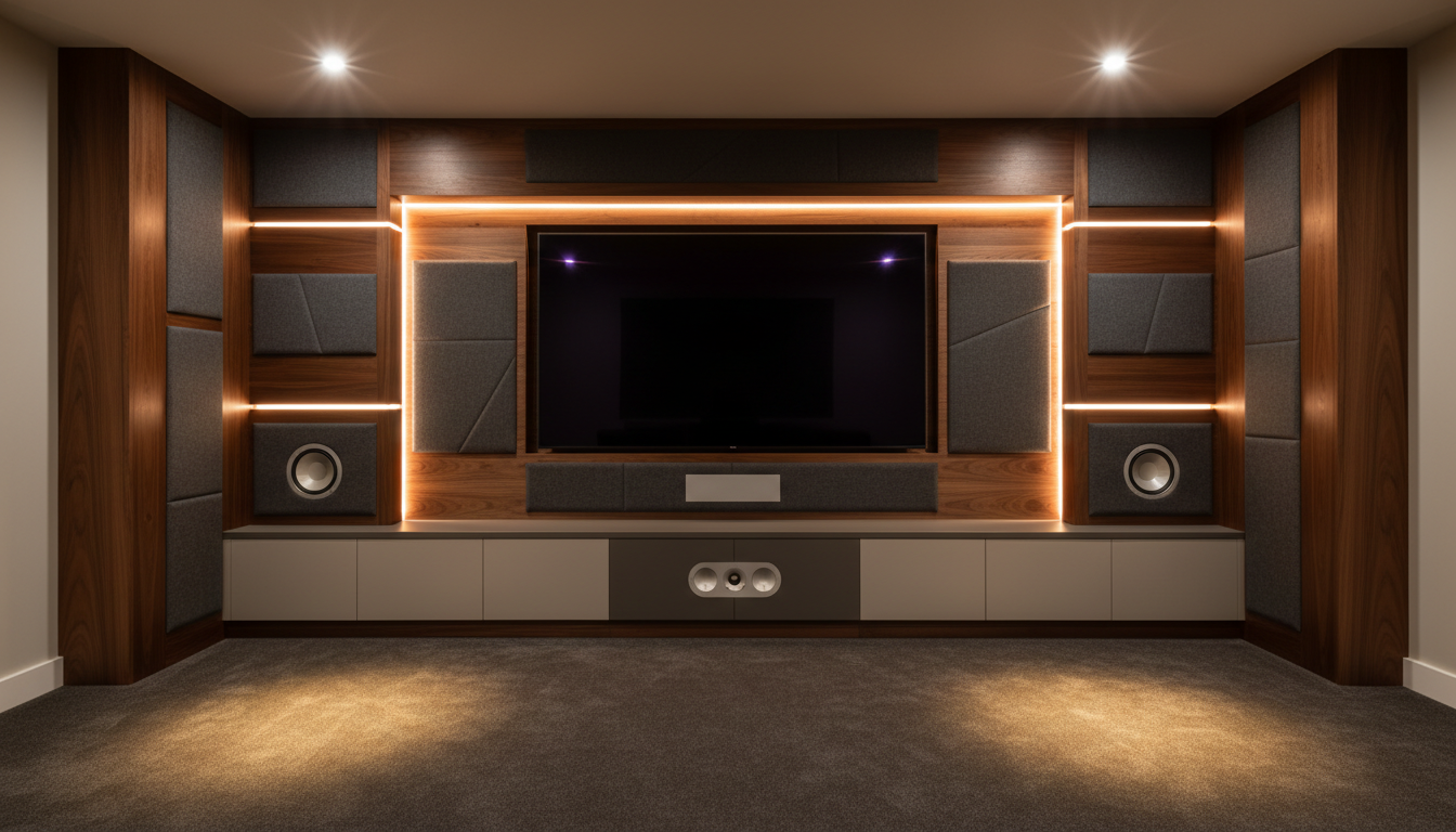 A meticulously finished home theater system built into a custom alcove, featuring a wall-mounted, ultra-thin flat-screen display surrounded by recessed walnut wood panels and acoustic treatment. The surround comprises subtle in-wall speakers and integrated strip lighting, providing an ambient glow that gently highlights the textured wall finishes. The room uses a dark charcoal carpet and minimalist cabinetry in neutral hues, arranged in a sophisticated, balanced composition. Directional ceiling spotlights create soft pools of light and gentle graduated shadows, crafting an atmosphere of immersive luxury. The camera is positioned centrally at seating level for the viewer’s perspective, emphasizing the room's functionality and professional execution, with a photographic, corporate feel.